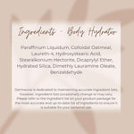 List of ingredients for Dermavive body hydrator in Australian skincare for dry skin