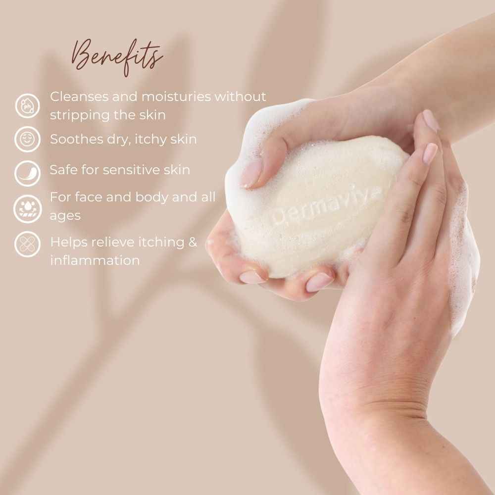 Dermavive Australian skincare for dry skin bar soap held in hands with benefits listed