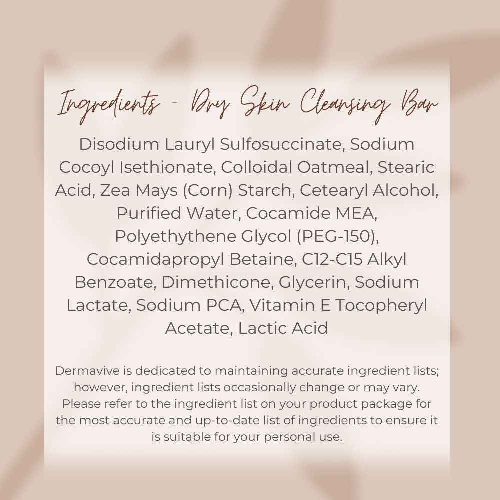 Ingredients list for Dermavive dry skin cleansing bar showcasing Australian skincare for dry skin