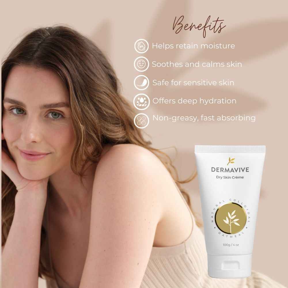 Dermavive Dry Skin Crème tube with benefits list for Australian skincare for dry skin shown with smiling woman