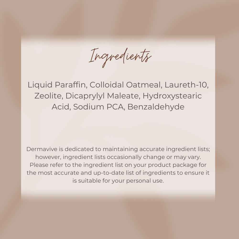 Dermavive best body oil ingredients list featuring Liquid Paraffin and Colloidal Oatmeal