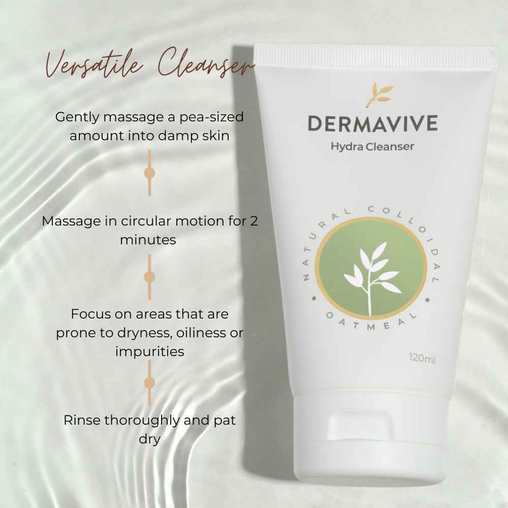 Dermavive Hydra Cleanser in a tube, a gentle cleanser for sensitive skin with natural colloidal oatmeal