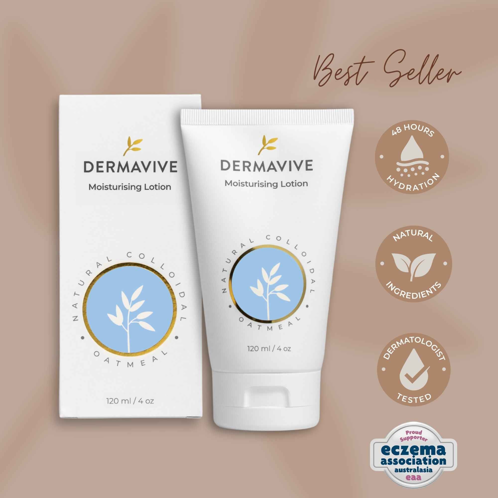 Dermavive Colloidal Oatmeal Moisturiser in a 120ml tube with natural ingredients for hydration