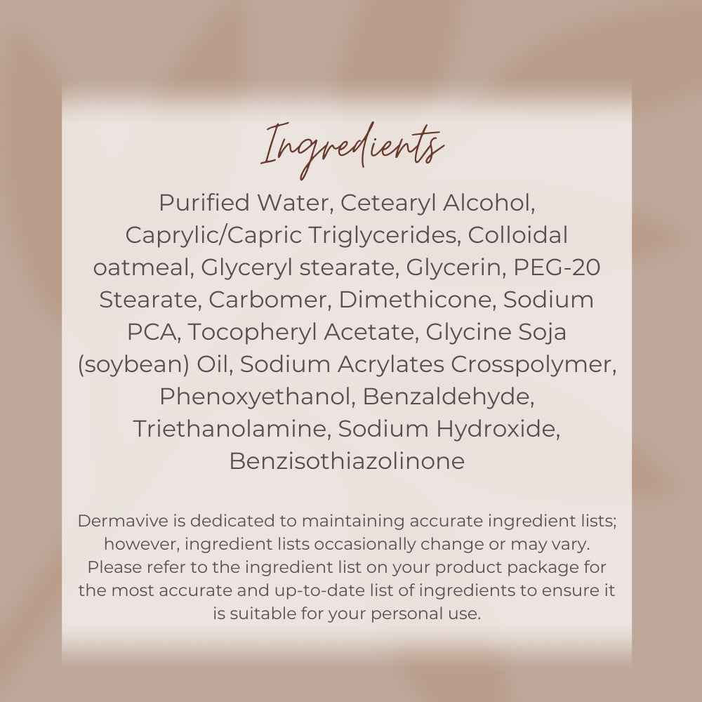 Ingredients list for Dermavive colloidal oatmeal moisturiser including purified water and glycerin
