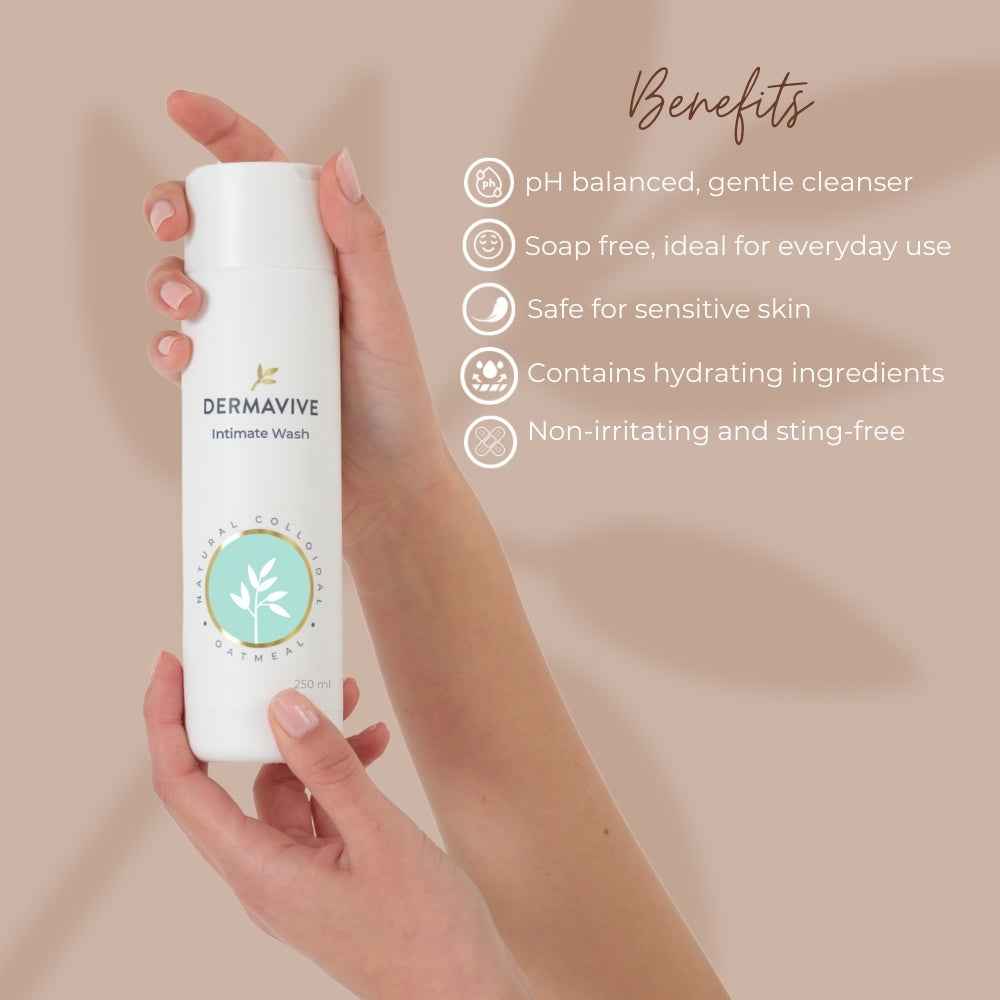 Dermavive Feminine Wash in a sleek bottle with benefits for sensitive skin and gentle cleansing