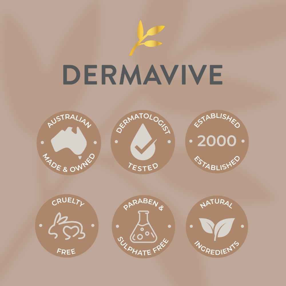 Dermavive logo with symbols highlighting Australian made, cruelty-free, and paraben-free features