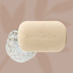Dermavive sensitive skin cleansing bar with foam bubbles on beige background