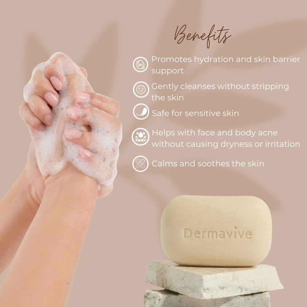 Dermavive sensitive skin cleansing bar with foam lather and benefits promoting hydration and calming skin