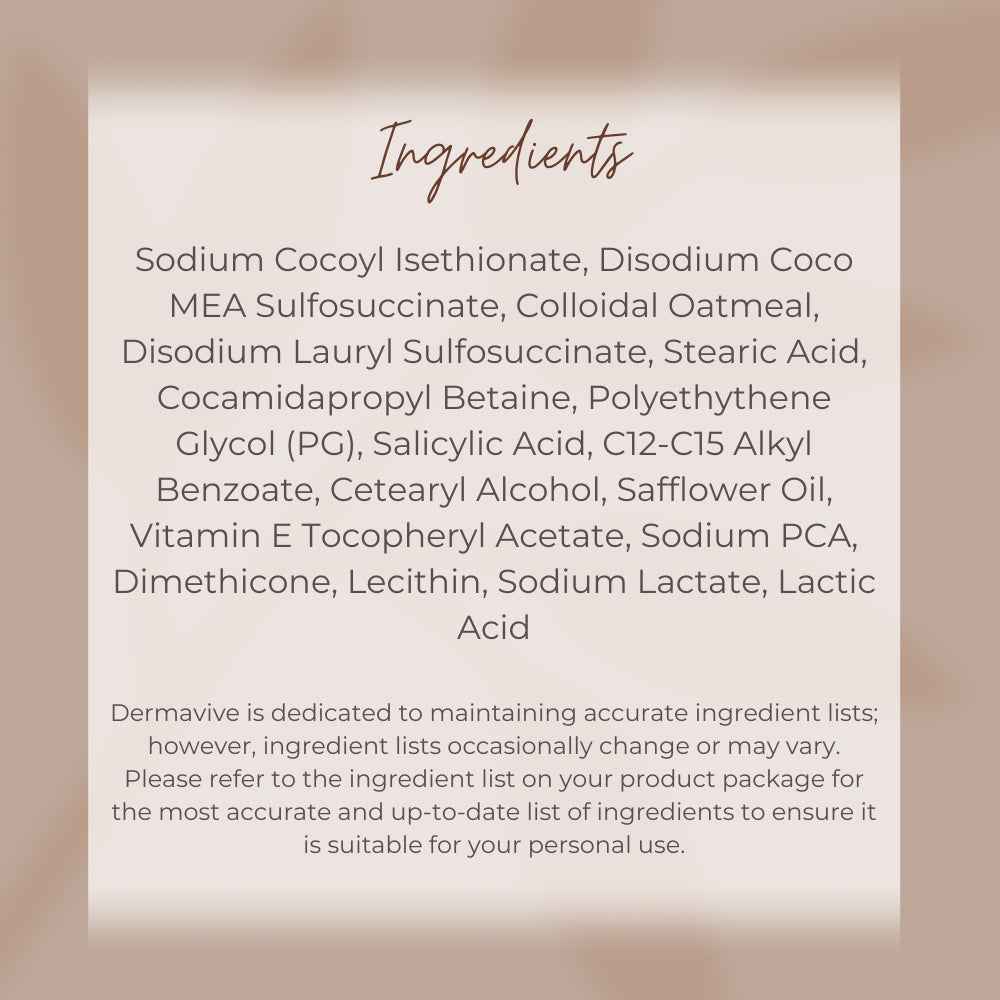 Ingredients list for Dermavive sensitive skin cleansing bar including colloidal oatmeal and safflower oil