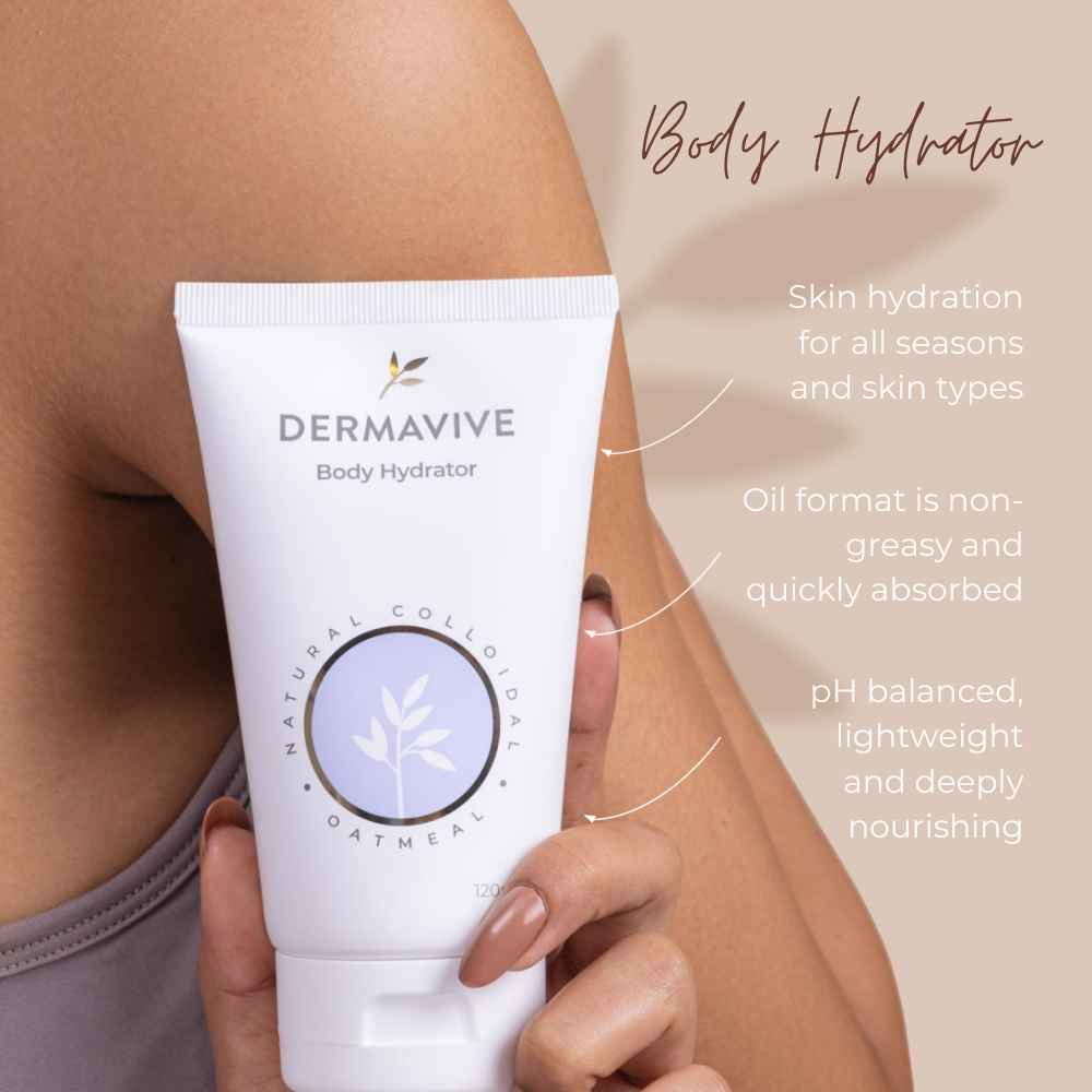 Dermavive Body Hydrator tube held by hand promoting skincare for dry sensitive skin with natural colloidal oatmeal