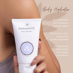 Dermavive Body Hydrator tube held by hand promoting skincare for dry sensitive skin with natural colloidal oatmeal