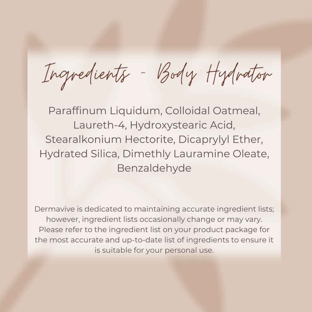 Dermavive body hydrator ingredients list for skincare for dry sensitive skin