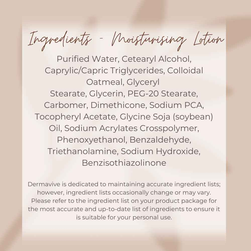 Ingredients list of Dermavive moisturizing lotion for skincare for dry sensitive skin with purified water and colloidal oatmeal