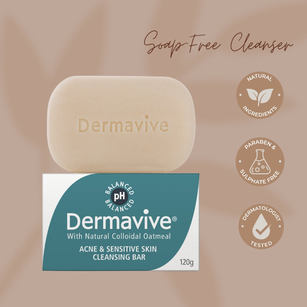 Dermavive Acne & Sensitive Skin Cleansing Bar, featuring a soap-free formula with natural colloidal oatmeal, paraben and sulfate-free, dermatologist-tested, and pH-balanced.