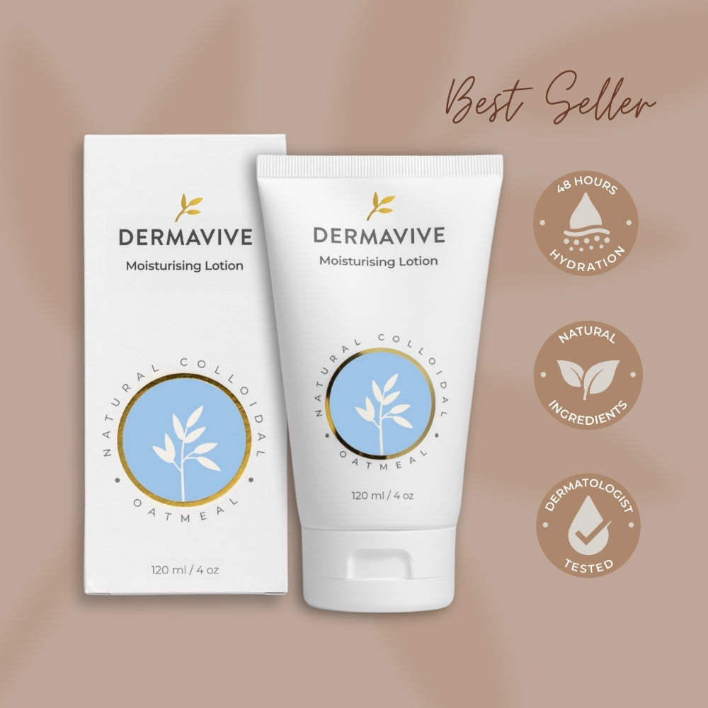 Dermavive Moisturising Lotion 120ml tube and box featuring natural colloidal oatmeal for hydration and sensitive skin care.