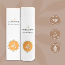 Dermavive dry scalp shampoo bottle and packaging on a brown background