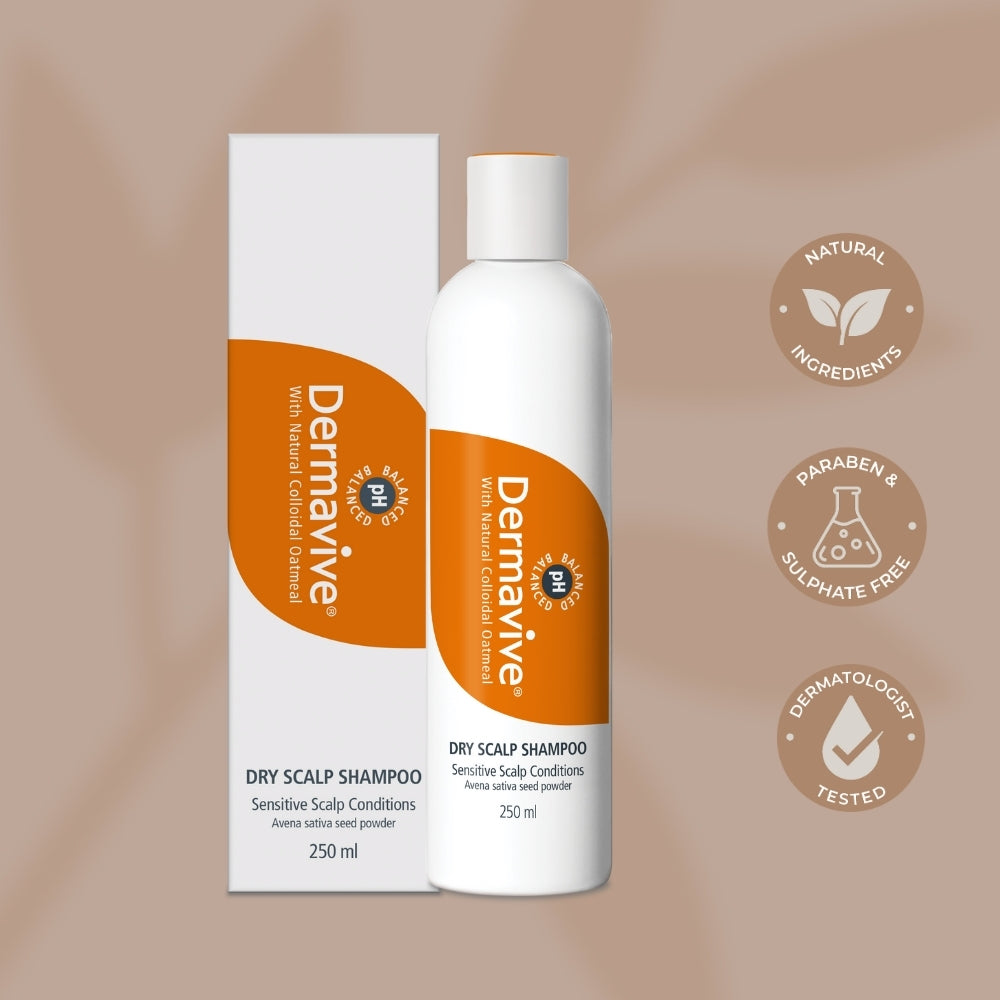Dermavive Dry Scalp Shampoo 250ml bottle and packaging with Natural Colloidal Oatmeal, dermatologist tested, paraben-free.