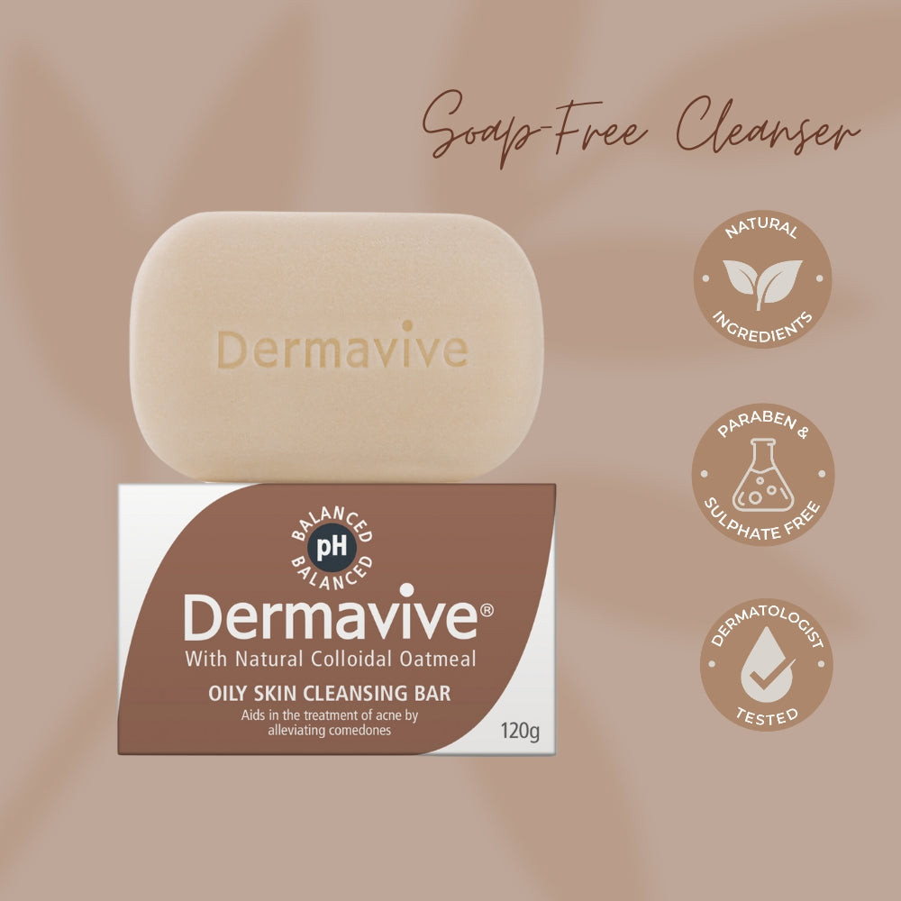 Dermavive Oily Skin Cleansing Bar with natural colloidal oatmeal, designed for acne treatment and balanced pH cleansing.