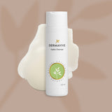 Dermavive Hydra Cleanser bottle and box shown with a swatch of the product in the background, highlighting its gentle and effective cleansing formula.