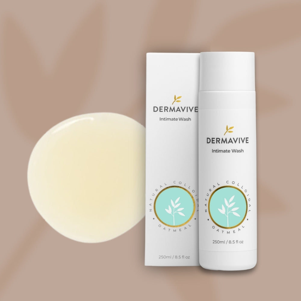 Dermavive Intimate Wash bottle and a product swatch, highlighting texture and packaging details.