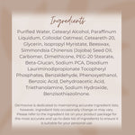 Ingredient list of Dermavive Dry Skin Crème, featuring colloidal oatmeal, jojoba oil, and paraffin for long-lasting hydration