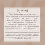 Image of Dermavive Hydra Cleanser ingredients list displayed in clean typography on a soft beige background. The text highlights key ingredients such as Colloidal Oatmeal, Glycerin, Vitamin E, and Glycine Soja (soybean) Oil. A disclaimer at the bottom notes that ingredient lists may occasionally change and advises checking the product packaging for the most accurate and up-to-date information.