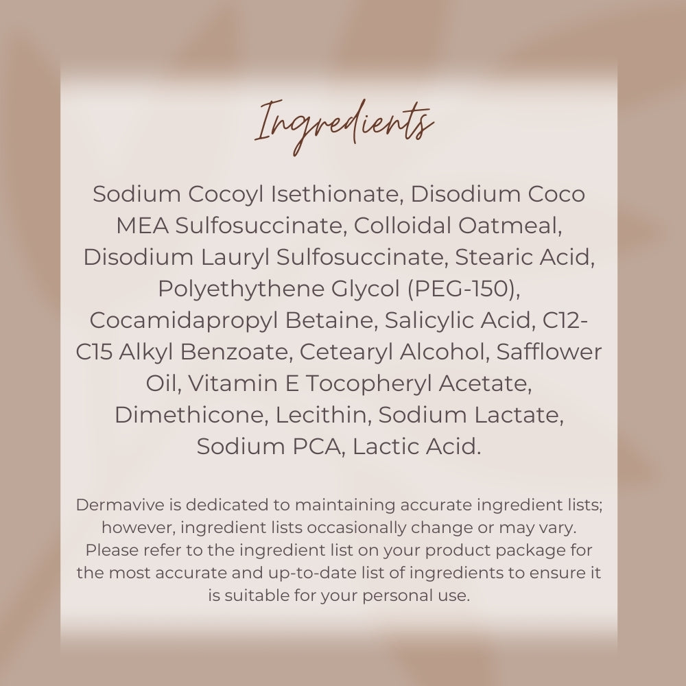 Dermavive Oily Skin Cleansing Bar ingredient list, featuring colloidal oatmeal, salicylic acid, and Vitamin E for targeted care.