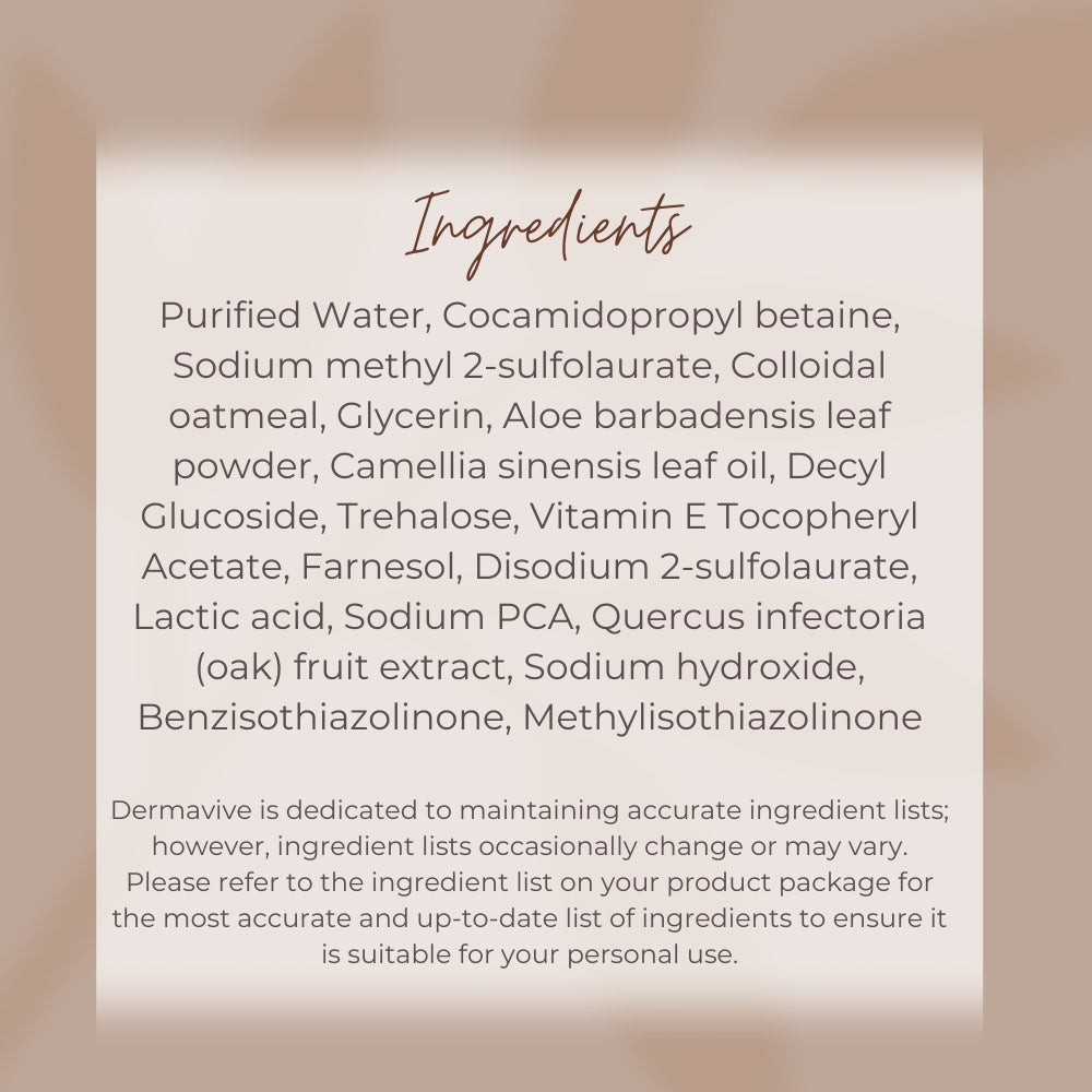 List of Dermavive Intimate Wash ingredients, highlighting colloidal oatmeal, glycerin, aloe vera, and Farnesol.