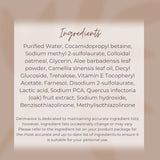 List of Dermavive Intimate Wash ingredients, highlighting colloidal oatmeal, glycerin, aloe vera, and Farnesol.