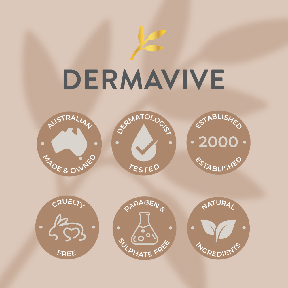 Dermavive icon tile, Australian Made & Owned, Dermatologist Tested, Established 2000, Cruelty Free, Paraben & Sulphate Free, Natural Ingredients.