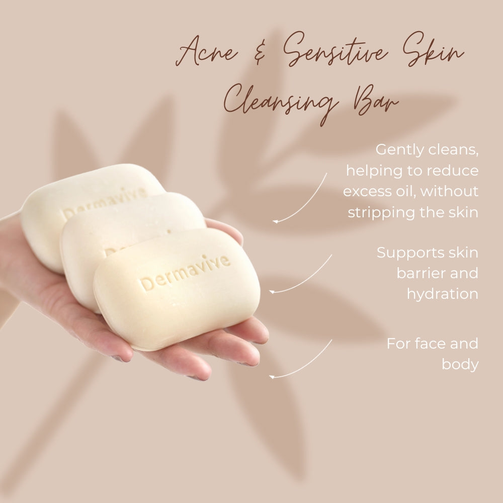 Three Dermavive Cleansing Bars in hand, emphasizing gentle cleansing, oil reduction without stripping skin, hydration support, and suitability for both face and body.