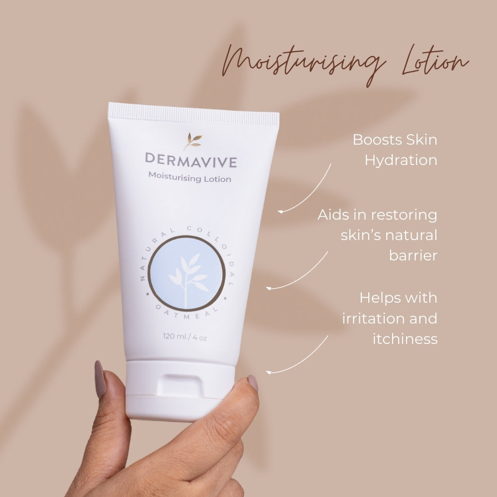 Dermavive Moisturising Lotion benefits listed: boosts hydration, restores skin barrier, and soothes irritation and itchiness.