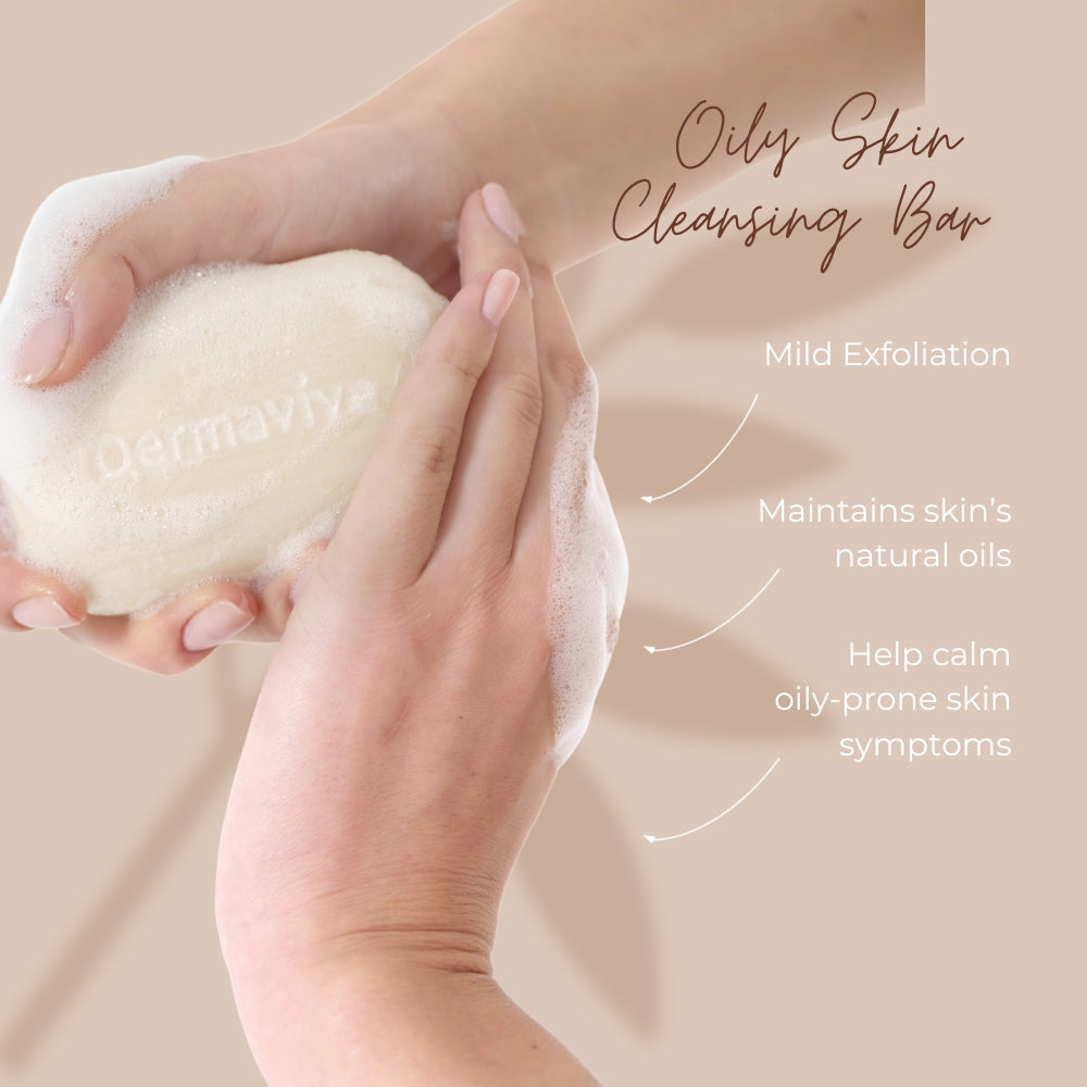 Dermavive Oily Skin Cleansing Bar benefits include mild exfoliation, retaining natural oils, and calming oily-prone skin.