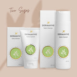 Dermavive Hydra Cleanser bottle and box are shown with a swatch of the product in the background, highlighting its gentle and effective cleansing formula.