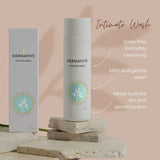 Dermavive Intimate Wash displayed with features highlighted, including soap-free cleansing and hydration for sensitive skin.