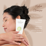 Model holding Dermavive Hydra Cleanser, highlighting benefits for gentle cleansing, deep hydration, helps remove skin impurities.