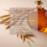 Colloidal oatmeal benefits infographic, showcasing its soothing, anti-inflammatory, and moisturising properties.