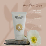 Dermavive Dry Skin Crème highlights 5% colloidal oatmeal, jojoba oil, and Vitamin E for deep hydration and moisture lock.