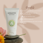 Dermavive Hydra Cleanser 120ml bottle featuring benefits, helps with dryness and irrtation, soap-free gentle wash for face and body, safe for sensitive skin.