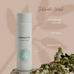 Dermavive Intimate Wash bottle detailing key ingredients: 2% colloidal oatmeal, Farnesol, and Sodium PCA.