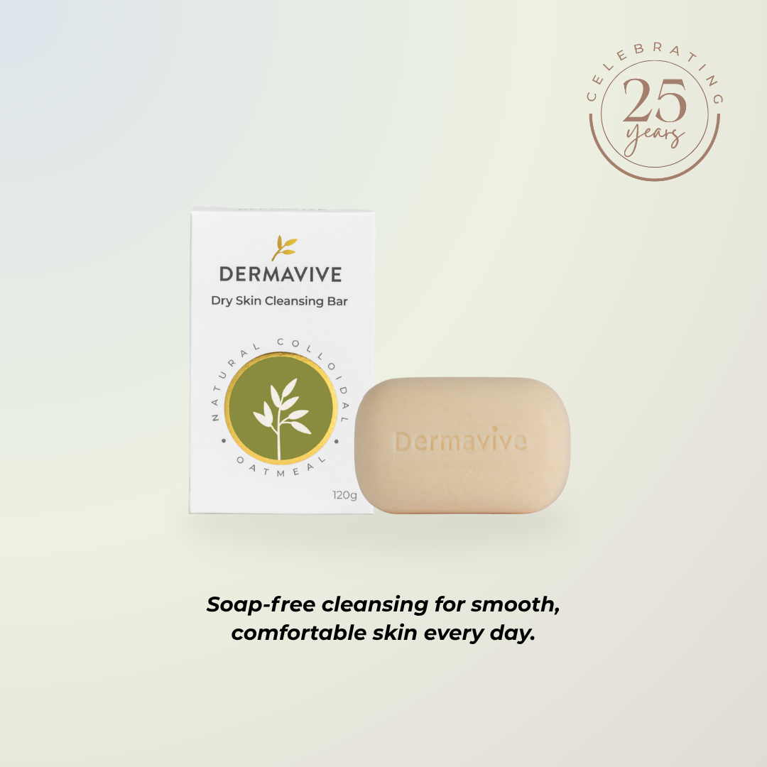 Dermavive dry skin cleansing bar with packaging on a light background