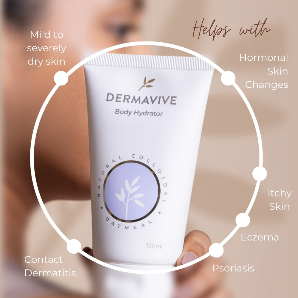 Close-up of Dermavive Body Hydrator with benefits for dry skin conditions like eczema, psoriasis, and contact dermatitis.