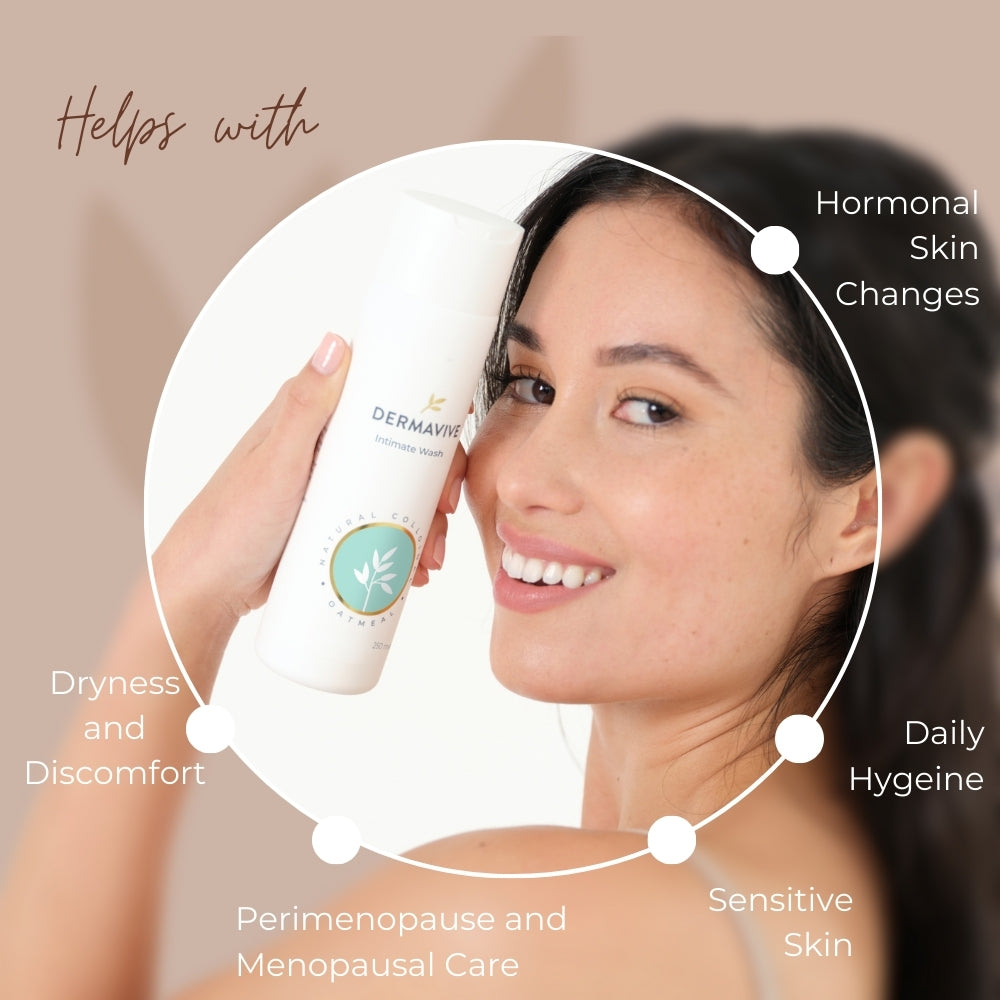 Smiling woman holding Dermavive Intimate Wash, highlighting its benefits for dryness, hormonal changes, and daily hygiene.