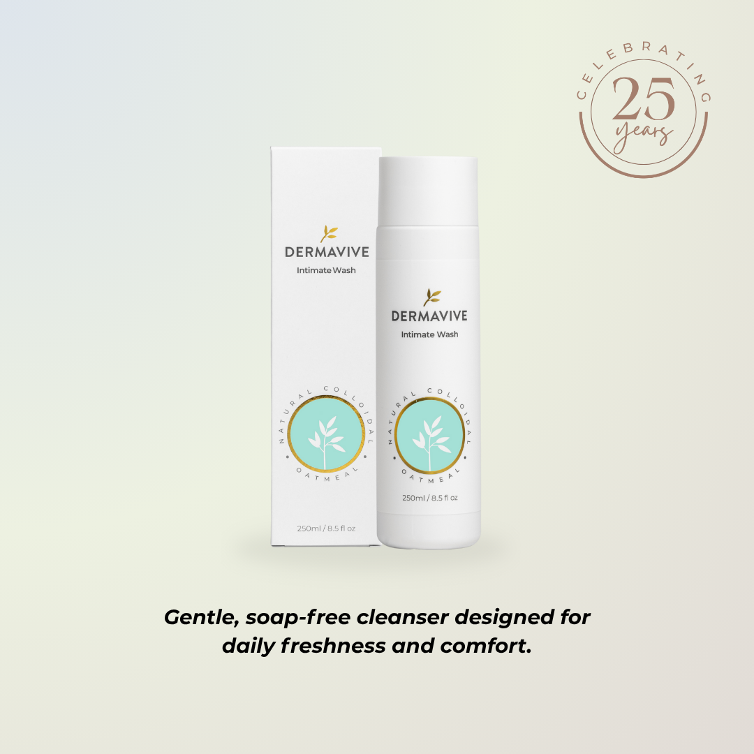 Dermavive Intimate Wash packaging on a light background, with text highlighting daily freshness and comfort.