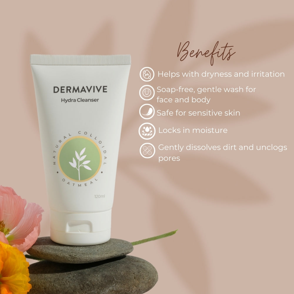 Dermavive Hydra Cleanser bottle being held up, highlighting its benefits: helps with dryness and irritation, soap-free gentle wash, safe for sensitive skin, locks in moisture, and gently dissolves dirt and unclogs pores.