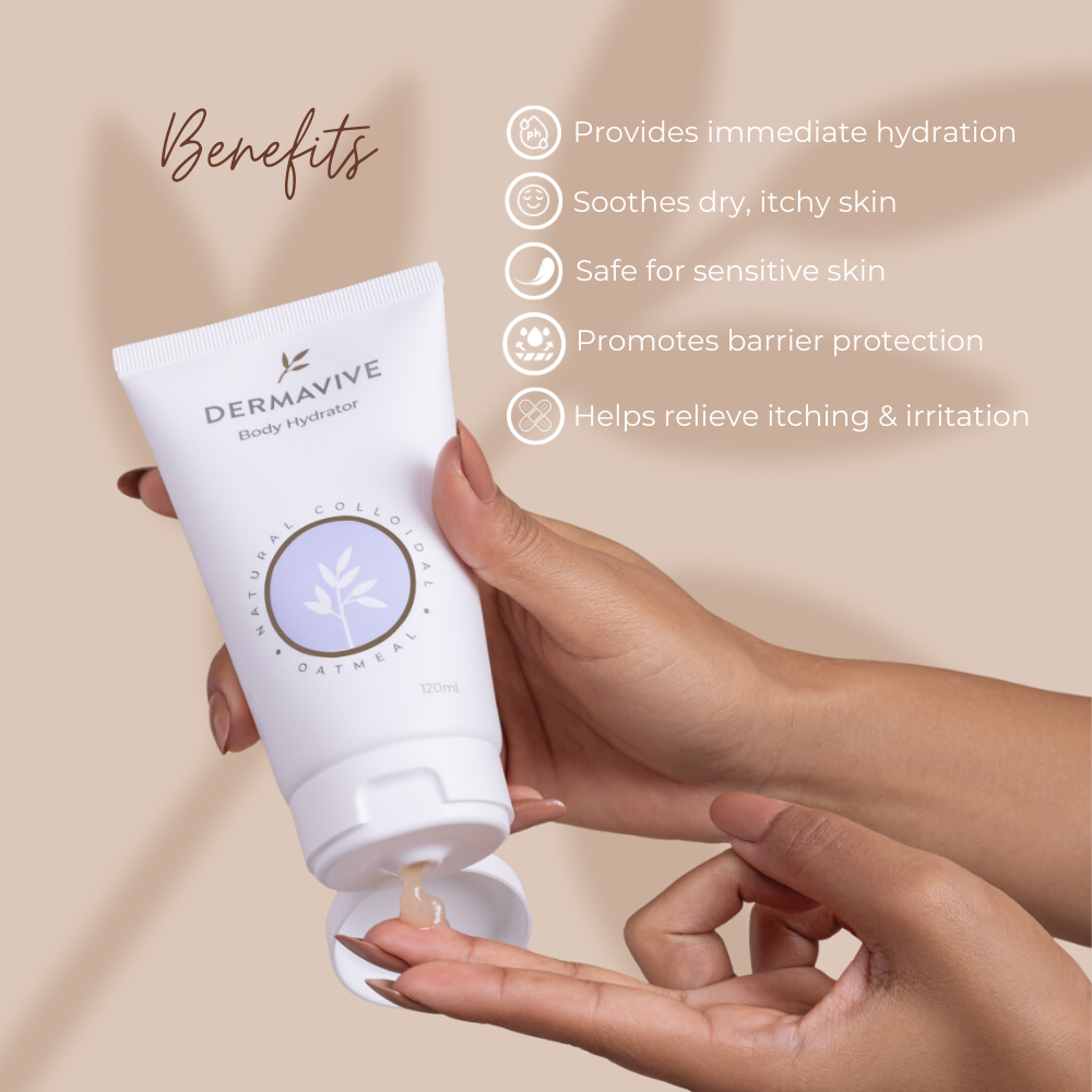 Dermavive Body Hydrator featuring benefits, provides immediate hydration, soothes dry skin, safe for sensitive skin, promotes barrier protection, helps relive itching and irritation.