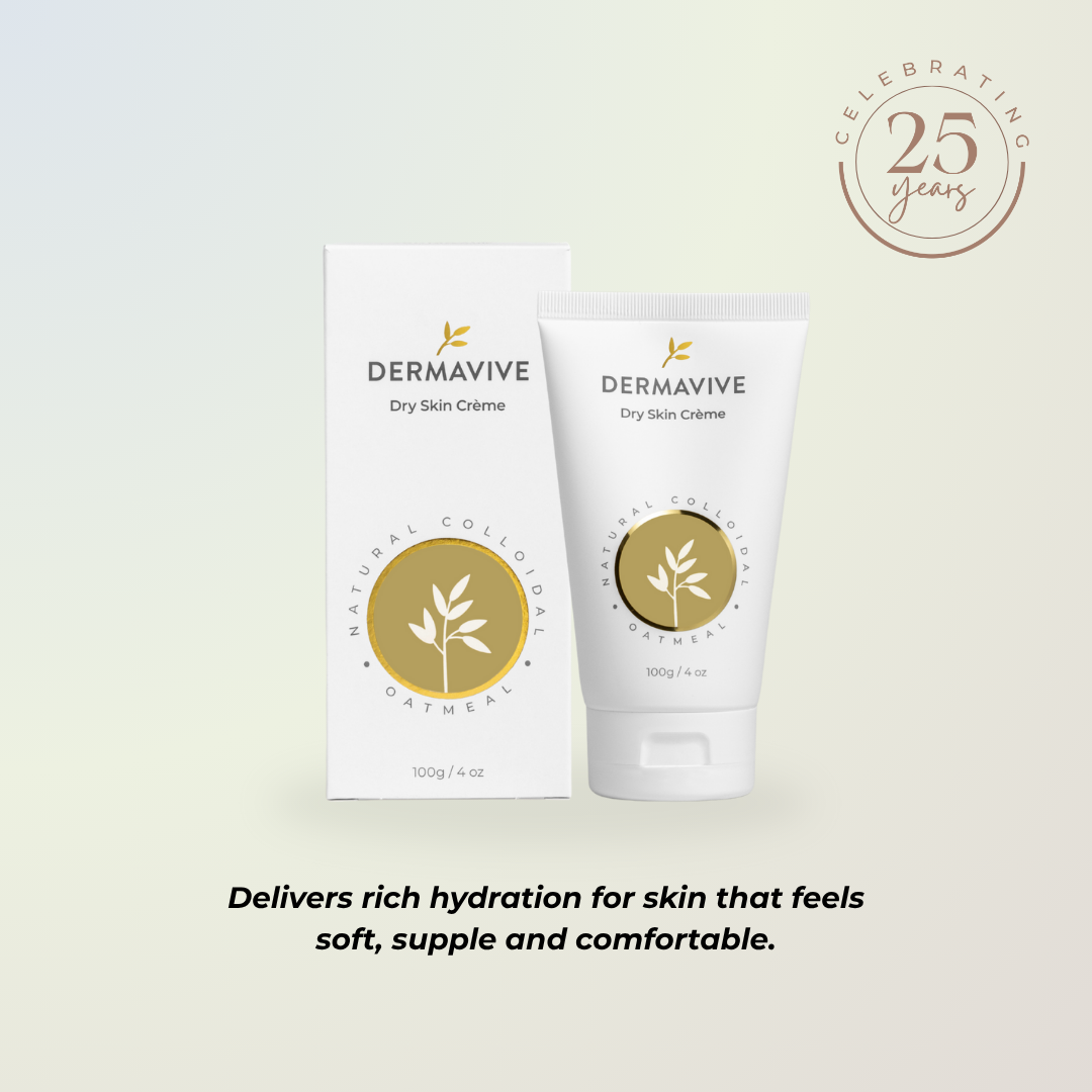 DermaVive dry skin crème packaging on a light background