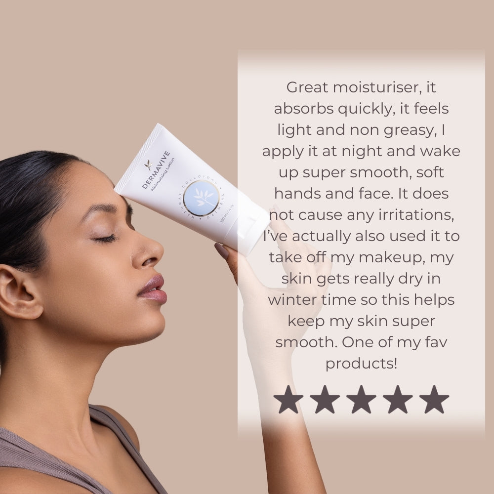 Dermavive Moisturising Lotion testimonial highlighting its lightweight, non-greasy texture and effective hydration for smooth skin.