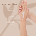 Model hands showing swatched Dermavive Dry Skin Creme highlighting benefits, intense hydration, help soothe dry skin, long-lasting barrier to lock in moisture.