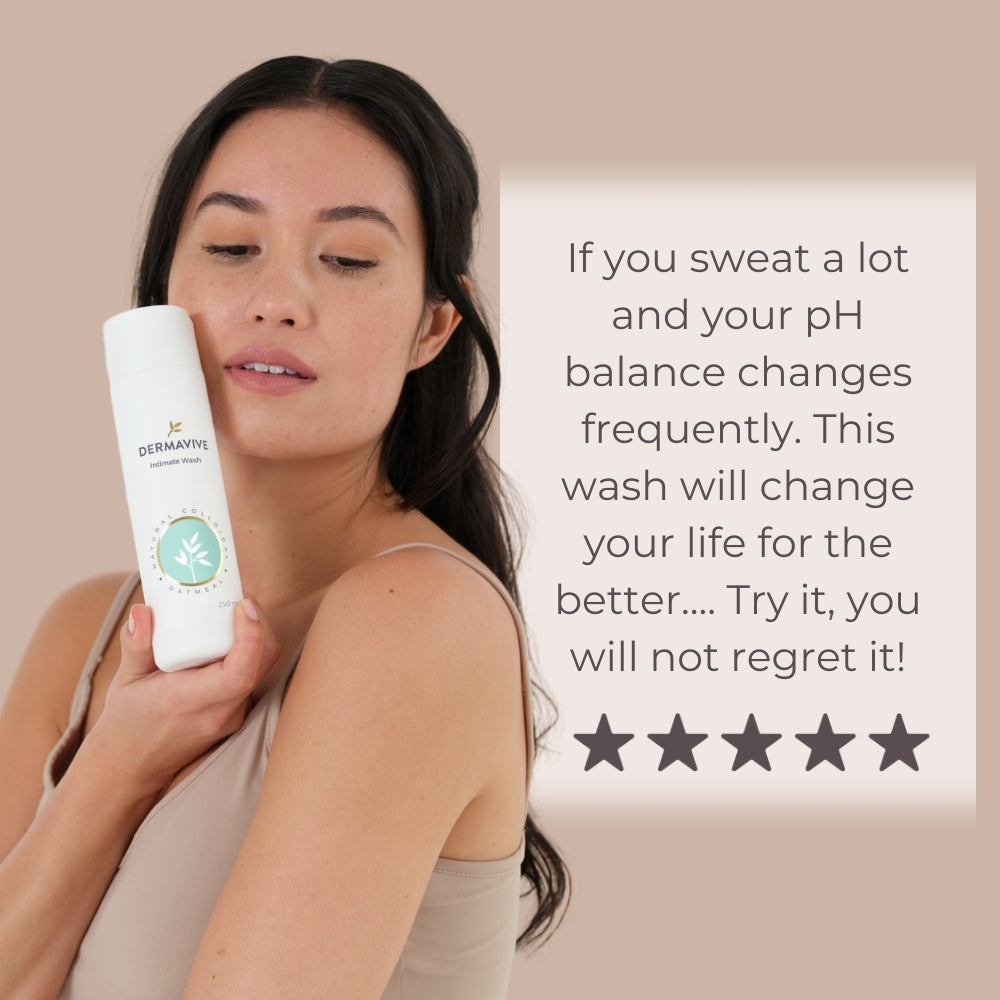 Customer testimonial praising Dermavive Intimate Wash for improving pH balance and providing lasting skin comfort.